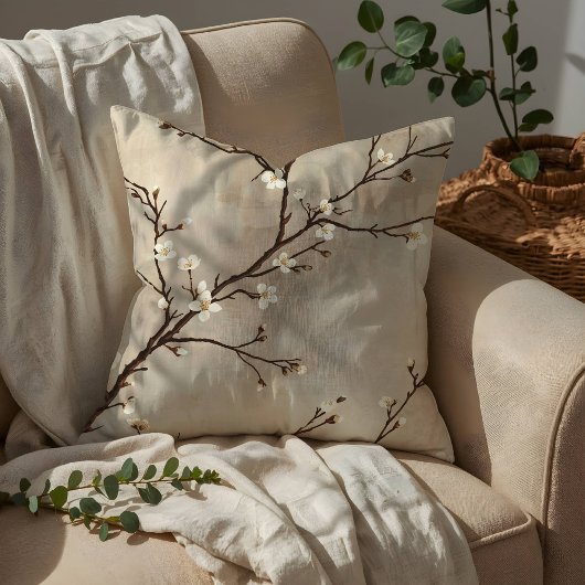 Elegant White Blossom Minimal Branch クッション