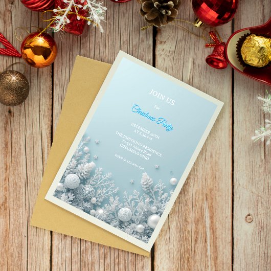 Elegant White & Blue Christmas Party Invitation 招待状