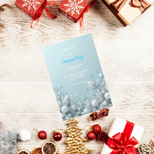 Elegant White & Blue Christmas Party Invitation 招待状