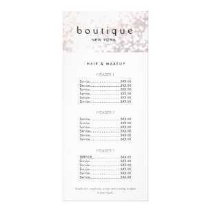 Elegant White Bokeh Salon Price List Menu ラックカード