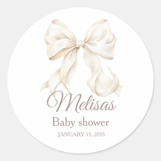 Elegant White Bow Baby Shower  Classic Round Stick ラウンドシール (正面)