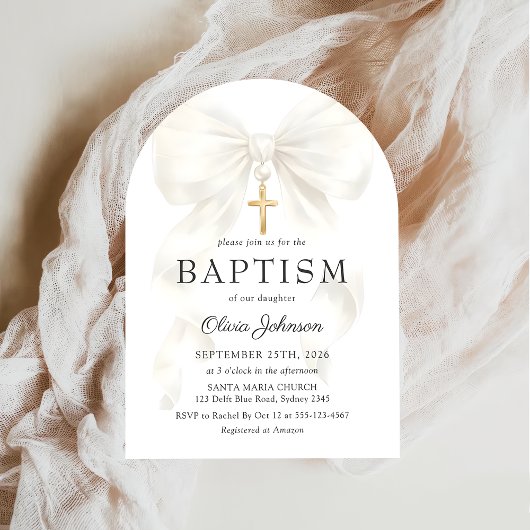 Elegant White Bow Baptism Girl Invitation 招待状
