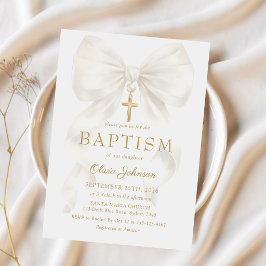 Elegant White Bow Baptism Girl Invitation 招待状