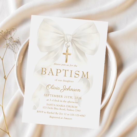 Elegant White Bow Baptism Girl Invitation 招待状