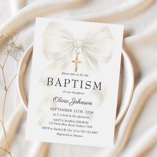 Elegant White Bow Baptism Girl Invitation 招待状