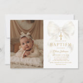 Elegant White Bow Baptism Girl Photo Invitation 招待状 (正面)