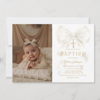 Elegant White Bow Baptism Girl Photo Invitation 招待状