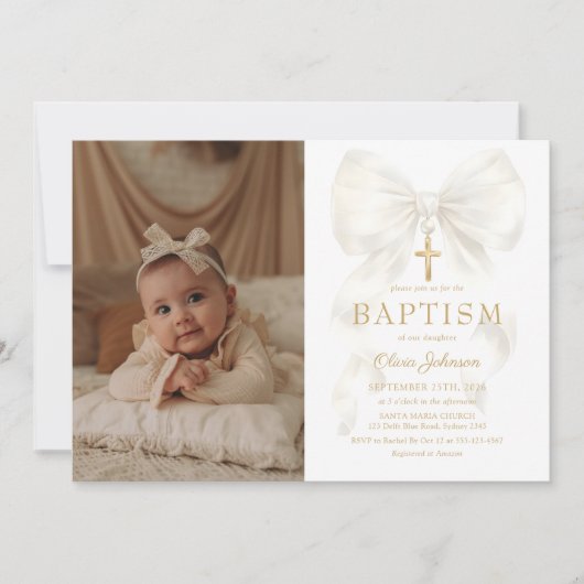 Elegant White Bow Baptism Girl Photo Invitation 招待状 (正面)