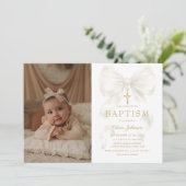 Elegant White Bow Baptism Girl Photo Invitation 招待状 (スタンド正面)