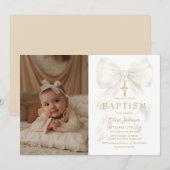 Elegant White Bow Baptism Girl Photo Invitation 招待状 (正面/裏面)