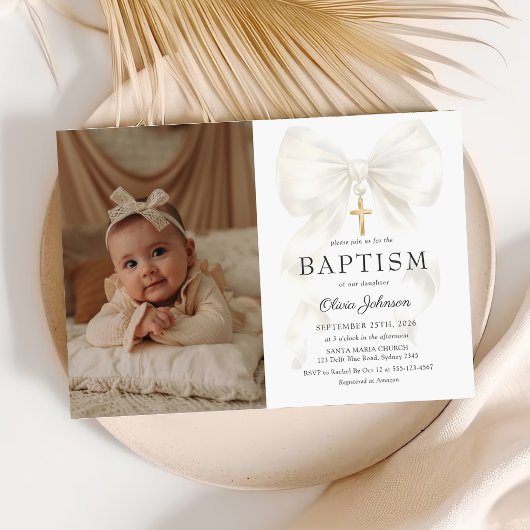 Elegant White Bow Baptism Girl Photo Invitation 招待状