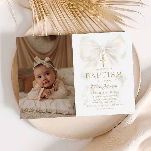 Elegant White Bow Baptism Girl Photo Invitation 招待状
