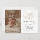 Elegant White Bow Baptism Girl Photo Invitation 招待状 (正面)