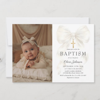 Elegant White Bow Baptism Girl Photo Invitation 招待状