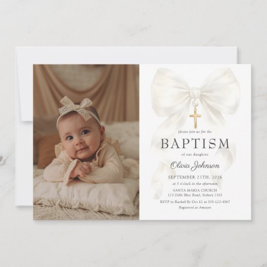 Elegant White Bow Baptism Girl Photo Invitation 招待状 (正面)