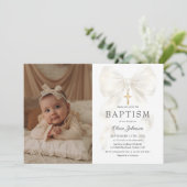 Elegant White Bow Baptism Girl Photo Invitation 招待状 (スタンド正面)