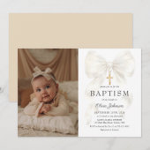 Elegant White Bow Baptism Girl Photo Invitation 招待状 (正面/裏面)