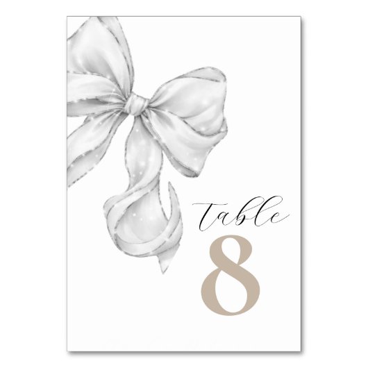 Elegant White Bow Table Numbers for Wedding テーブルナンバー (正面)