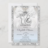 Elegant White Bow,Tiara,Silver Glitter Sweet 16 招待状 (正面)