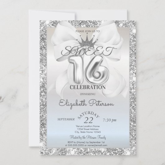 Elegant White Bow,Tiara,Silver Glitter Sweet 16 招待状 (正面)
