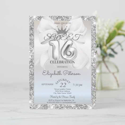 Elegant White Bow,Tiara,Silver Glitter Sweet 16 招待状 (スタンド正面)