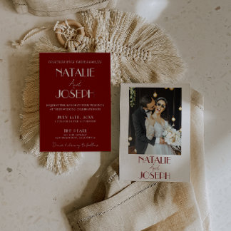 Elegant White Burgundy Minimalist Photo Wedding 招待状