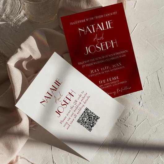 Elegant White Burgundy Minimalist QR Code Wedding 招待状