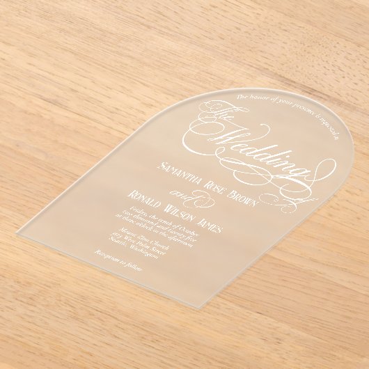 Elegant White Calligraphy Text Clear Wedding  アクリル招待状 (レイダウン)