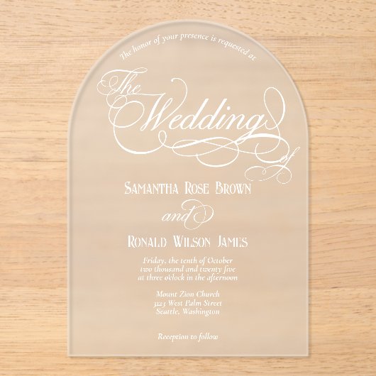 Elegant White Calligraphy Text Clear Wedding  アクリル招待状 (正面)