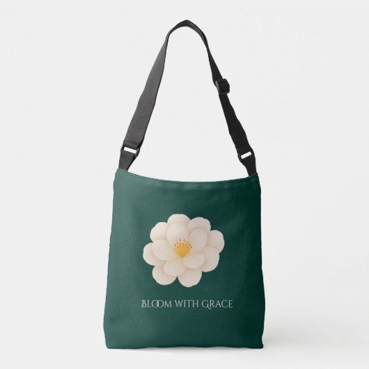 Elegant White Camellia Deep Green Botanical Bloom クロスボディバッグ (正面)