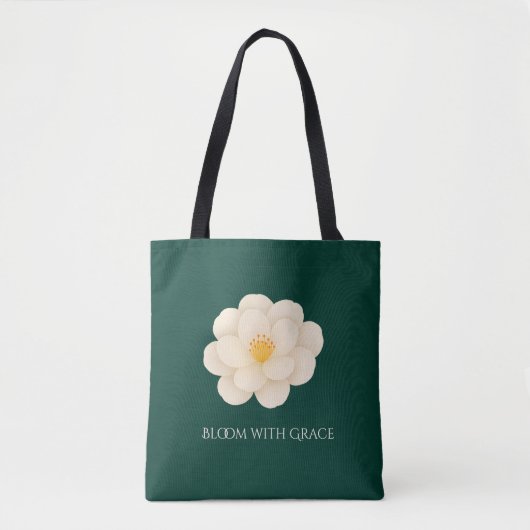 Elegant White Camellia Deep Green Botanical Bloom トートバッグ (正面)