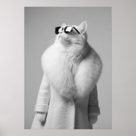 Elegant White Cat in Fur Collar Coat Sunglasses ポスター