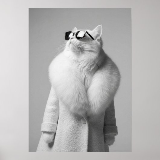 Elegant White Cat in Fur Collar Coat Sunglasses ポスター (正面)
