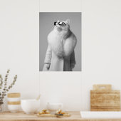 Elegant White Cat in Fur Collar Coat Sunglasses ポスター (キッチン)