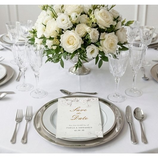 Elegant White Cherry Blossom & Gold Script セーブザデート