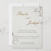 Elegant White Cherry Blossom & Gold Script Wedding 招待状 (正面)