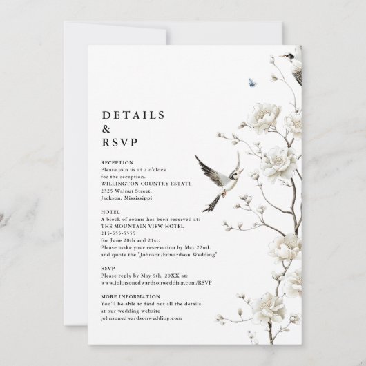 Elegant White Chinoiserie Floral Details Wedding 招待状 (裏面)