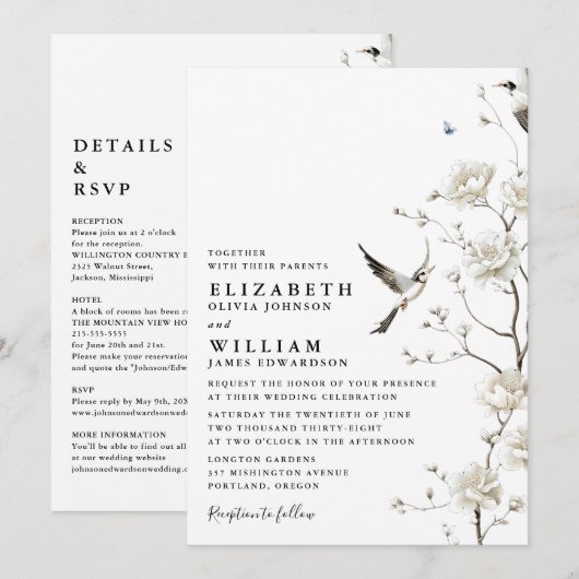 Elegant White Chinoiserie Floral Details Wedding 招待状 (正面/裏面)