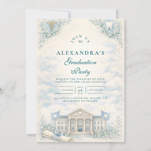 Elegant White Coat Dentist Graduation Party 招待状 (正面)