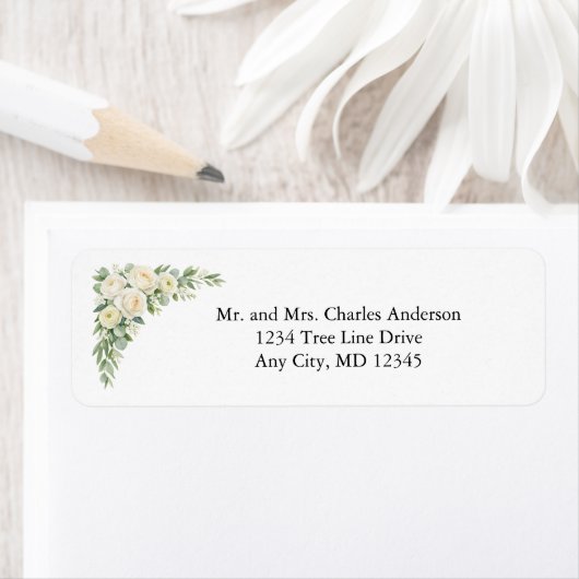 Elegant White Cream Florals Wedding Return Address ラベル (インサイチュ)