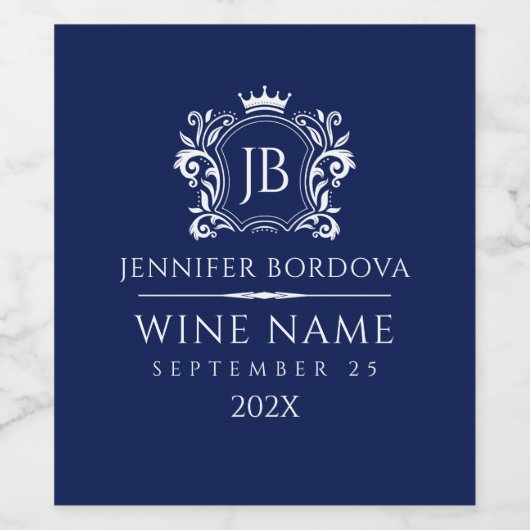 Elegant White Crown Frame On Custom Blue ワインラベル (シングルラベル)