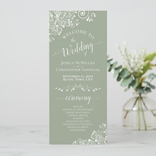 Elegant White Curls on Sage Green Fancy Wedding プログラム (スタンド正面)