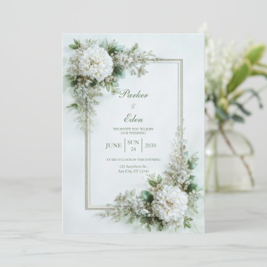 Elegant White Dahlia Botanical Frame Wedding 招待状 (スタンド正面)