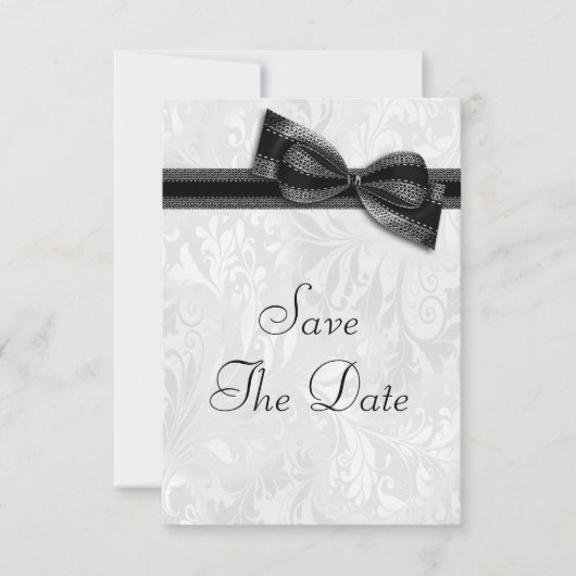 Elegant White Damask Save the Date with Faux Bow 招待状 (正面)