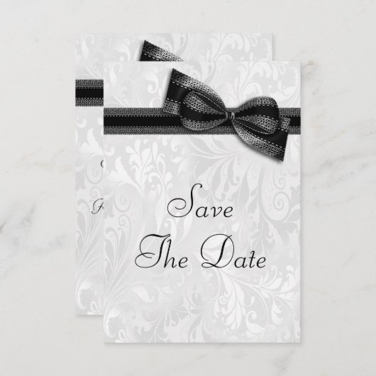 Elegant White Damask Save the Date with Faux Bow 招待状 (正面/裏面)