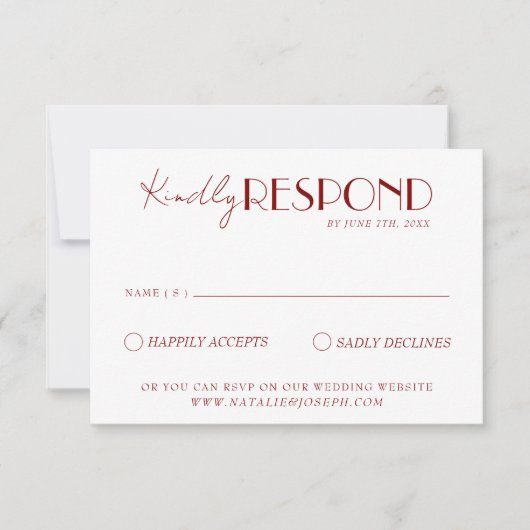 Elegant White Deep Red Burgundy Minimalist Wedding 出欠カード (正面)