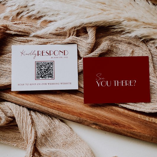 Elegant White Deep Red Burgundy QR Code Wedding 出欠カード