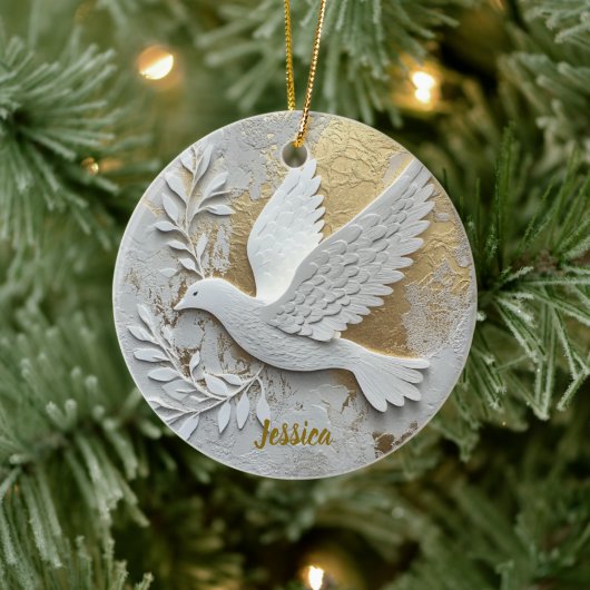 Elegant White Dove with Gold Customizable Name セラミックオーナメント (ツリー)