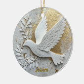 Elegant White Dove with Gold Customizable Name セラミックオーナメント (左)