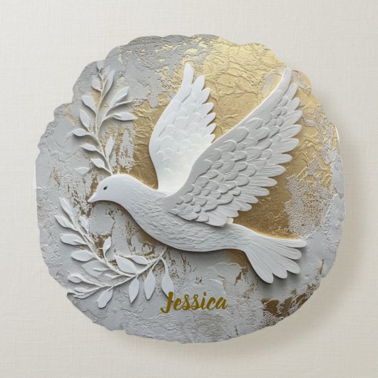 Elegant White Dove with Gold Customizable Name  ラウンドクッション (正面)